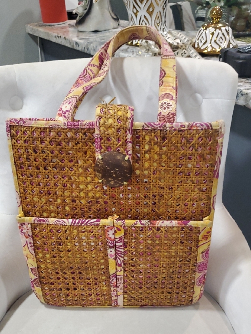 Vera Bradley Woven Rattan Tote with Pink & Yellow Paisley Trim - Picture 7 of 16